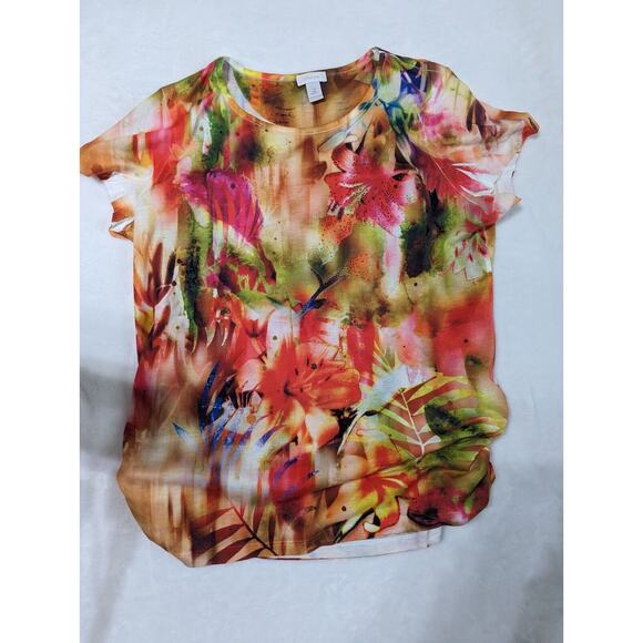 Chicos top size 2 Bust 42" Length 27"Cap sleeve Rushed Side Seams Rinestones - Picture 2 of 6